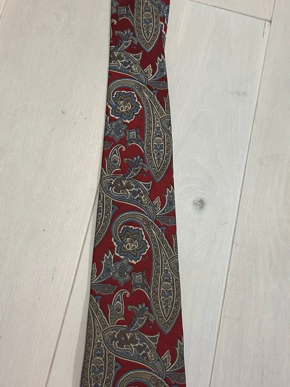 Men's Red Paisley Tie with Blue and Tan Accents